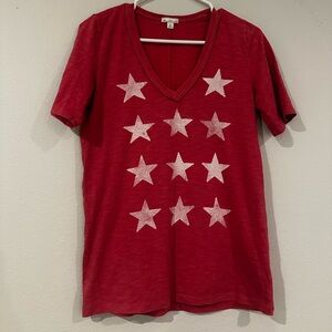 Patriotic Red & White Star V-Neck T-Shirt | Women’s Medium | 4th of July USA
